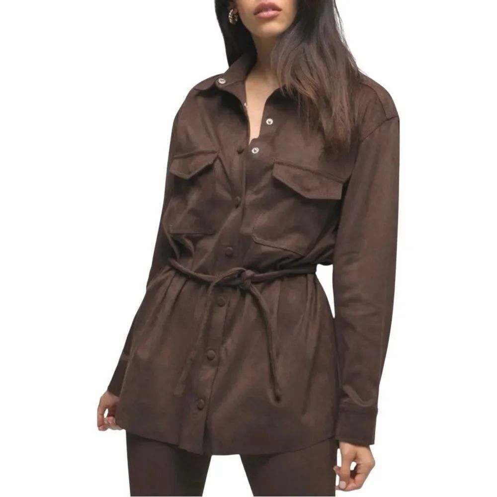 GOOD AMERICAN Faux Suede Belted Shirt Jacket in Brown